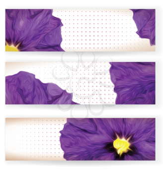 Set of banners with purple flowers and dots. Vintage design brochure template with floral elements. 
