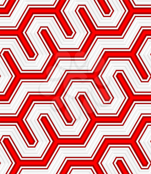 Seamless geometric background. Pattern with realistic shadow and cut out of paper effect.Colored.3D colored red diagonal fence.