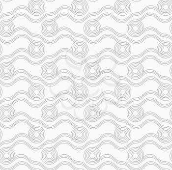 Monochrome abstract geometrical pattern. Modern gray seamless background. Flat simple design.Gray circles with wavy lines in grid.