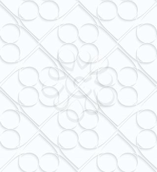 Quilling white paper circles inside squares.White geometric background. Seamless pattern. 3d cut out of paper effect with realistic shadow.