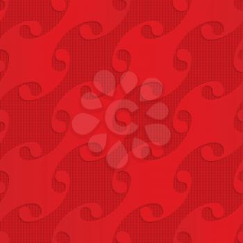 Red diagonal shells on checkered background.Seamless geometric background. 3D layered and textured pattern with realistic shadow and cut out effect.