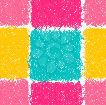 Pencil hatched pink yellow and green squares.Hand drawn with brush seamless background.Modern hipster style design.