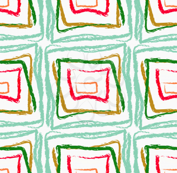 Rough brush green and red squares.Abstract colorful seamless background. Stained and grunted texture over hand drawn paint brush ornament.