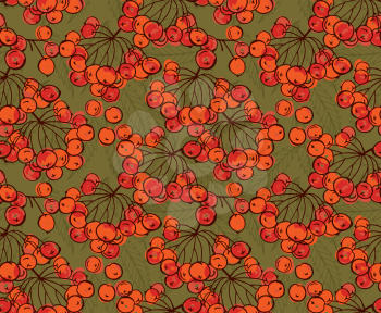 Rowan berries on green.Hand drawn with ink and marker brush seamless background.Six color pallet collection.