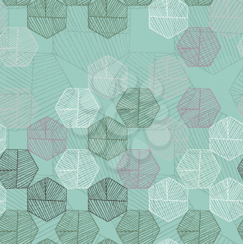 Hatched hexagons random colored on green.Simple hatched geometrical pattern.Hand drawn with ink seamless background.Modern hipster style design.