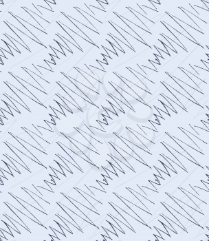 Inked strokes in diagonal zigzag on blue.Seamless pattern. Fabric design. Simple hand drawn hatched design.