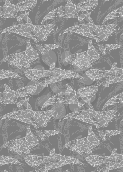 Underwater gray fish overlapping kelp.Seamless pattern.Ocean life fabric design.  