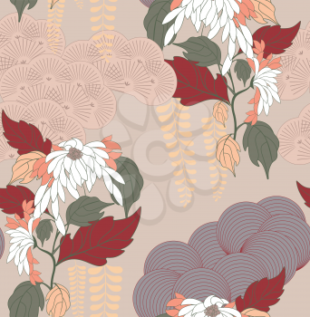Aster flower Japanese garden light.Hand drawn floral seamless background.Botanical repainting design for fabric or textile.Seamless pattern with flowers.Vintage retro colors