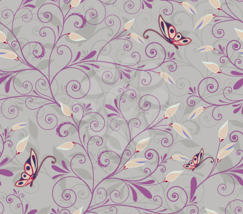 Butterflies and swirls gray.Hand drawn seamless background.Botanical repainting design for fabric or textile.Seamless pattern with floral elements.Vintage retro colors