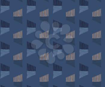 Striped shapes on blue.Hand drawn seamless background.Hatched pattern. Fabric design.