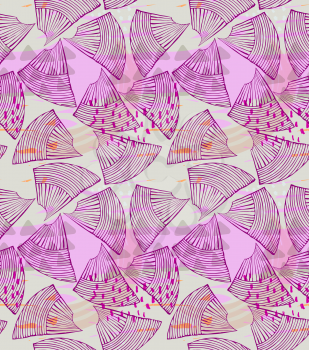 Abstract sea shell purple with dots.Hand drawn with ink seamless background.Creative handmade repainting design for fabric or textile.Geometric pattern made of striped triangular shapes.Vintage retro 