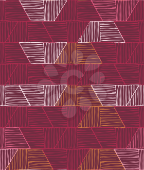 Hatched trapezoids berry colors.Hand drawn with ink and marker brush seamless background.