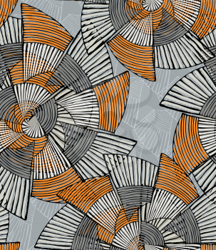 Striped pinwheels big gray and orange.Hand drawn with ink seamless background. Creative handmade repainting design for fabric or textile. Geometric pattern with striped circular shapes. Vintage retro 