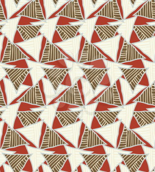 Striped triangles on red overlapping.Hand drawn with ink seamless background.Creative handmade repainting design for fabric or textile.Geometric pattern with triangles.Vintage retro colors