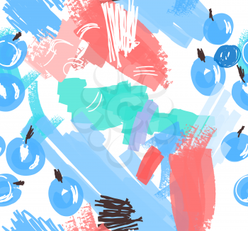 Abstract scribbles blue with berries.Hand drawn with ink and marker brush seamless background.Ethnic design.