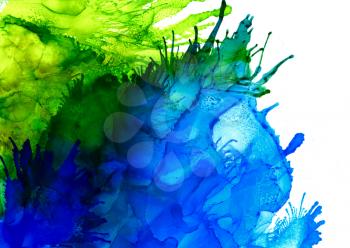 Abstract raster blue and green with splashes.Colorful background hand drawn with bright inks and watercolor paints. Color splashes and splatters create uneven artistic modern design.