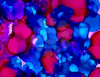 Bright pink deep blue color spots.Colorful background hand drawn with bright inks and watercolor paints. Color splashes and splatters create uneven artistic modern design.