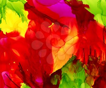 Bright red grass green splashes.Colorful background hand drawn with bright inks and watercolor paints. Color splashes and splatters create uneven artistic modern design.