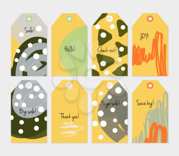 Doodles triangle dots marks yellow gray tag set.Creative universal gift tags.Hand drawn textures.Ethic tribal design.Ready to print sale labels Isolated on layer.