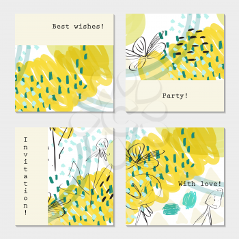 Fast sketched garden floral on yellow with copy space.Hand drawn creative invitation greeting cards. Poster, placard, flayer, design templates. Anniversary, Birthday, wedding, party cards set of 4. Isolated on layer.