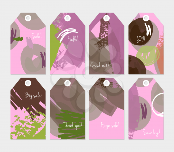 Floral seasonal with scribbles green purple tag set.Creative universal gift tags.Hand drawn textures.Ethic tribal design.Ready to print sale labels Isolated on layer.