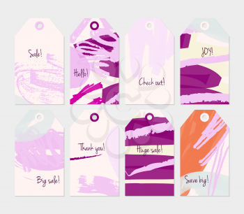 Grunge texture rough strokes floral sketch purple cream tag set.Creative universal gift tags.Hand drawn textures.Ethic tribal design.Ready to print sale labels Isolated on layer.