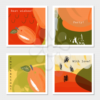 Orange plums and scribbles on red.Hand drawn creative invitation greeting cards. Poster, placard, flayer, design templates. Anniversary, Birthday, wedding, party cards set of 4. Isolated on layer.