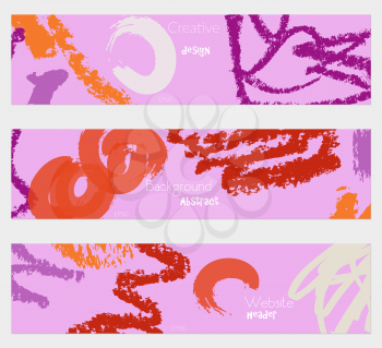 Rough crayon texture purple orange banner set.Hand drawn textures creative abstract design. Website header social media advertisement sale brochure templates. Isolated on layer