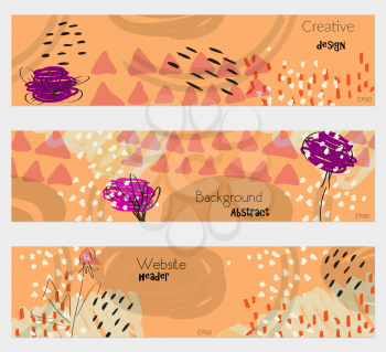 Roughly drawn dandelion flower orange banner set.Hand drawn textures creative abstract design. Website header social media advertisement sale brochure templates. Isolated on layer