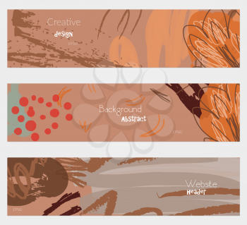 Roughly drawn floral elements brown yellow banner set.Hand drawn textures creative abstract design. Website header social media advertisement sale brochure templates. Isolated on layer