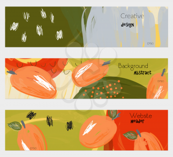 Roughly drawn plums orange banner set.Hand drawn textures creative abstract design. Website header social media advertisement sale brochure templates. Isolated on layer