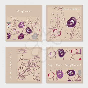 Scribbled purple birds and trees.Hand drawn creative invitation greeting cards. Poster, placard, flayer, design templates. Anniversary, Birthday, wedding, party cards set of 4. Isolated on layer.