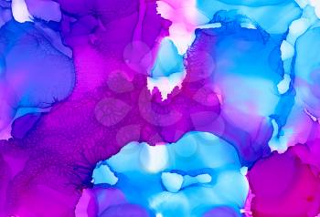 Blue pink texture with cracks.Colorful background hand drawn with bright inks and watercolor paints. Color splashes and splatters create uneven artistic modern design.