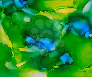 Blue green pain uneven colors.Colorful background hand drawn with bright inks and watercolor paints. Color splashes and splatters create uneven artistic modern design.