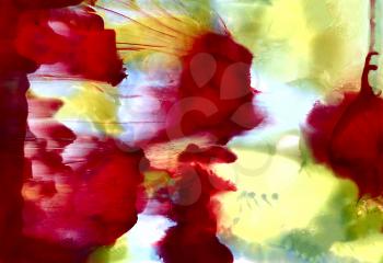 Deep red light yellow smudge.Colorful background hand drawn with bright inks and watercolor paints. Color splashes and splatters create uneven artistic modern design.