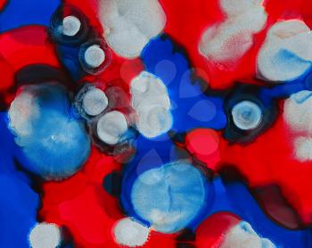 Red blue white uneven paint spots.Colorful background hand drawn with bright inks and watercolor paints. Color splashes and splatters create uneven artistic modern design.