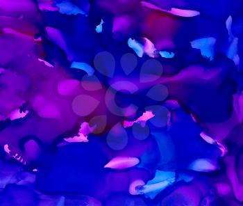 Purple blue merging colors.Colorful background hand drawn with bright inks and watercolor paints. Color splashes and splatters create uneven artistic modern design.