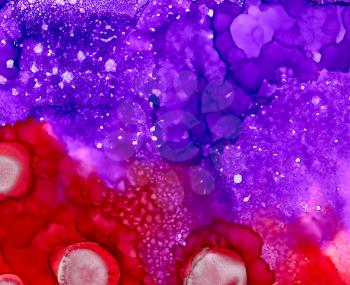 Silver round spots on scarlet red and textured purple.Colorful background hand drawn with bright inks and watercolor paints. Color splashes and splatters create uneven artistic modern design.