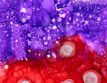 Silver spots on scarlet red and purple textured.Colorful background hand drawn with bright inks and watercolor paints. Color splashes and splatters create uneven artistic modern design.