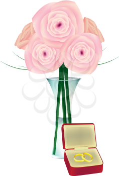 Royalty Free Clipart Image of a Bouquet of Flowers in a Vase and a Jewellery Case