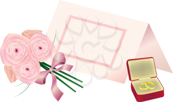 Royalty Free Clipart Image of a Bouquet of Roses, a Place Card and Wedding Bands