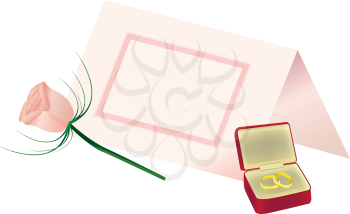 Royalty Free Clipart Image of a Rosebud, a Place Card and Rings in a Jewellery Box