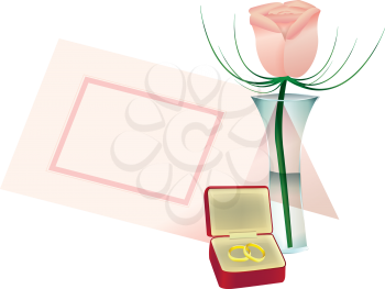 Royalty Free Clipart Image of a Rosebud in a Vase, Rings in a Jewellery Box and a Place Card