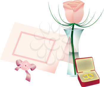 Royalty Free Clipart Image of a Rose in a Vase, a Place Card and Rings