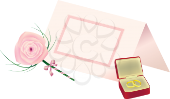 Royalty Free Clipart Image of Rings, a Rose and a Place Card