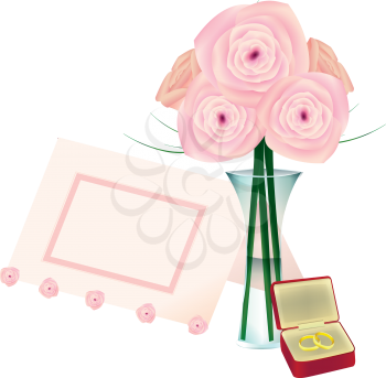 Royalty Free Clipart Image of Flowers in a Vase, a Place Card and Wedding Rings
