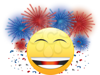 Royalty Free Clipart Image of a Happy Face With Fireworks and Confetti