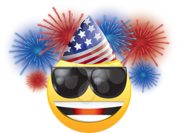 Royalty Free Clipart Image of a Happy Face in an American Hat and Sunglasses in Front of Fireworks