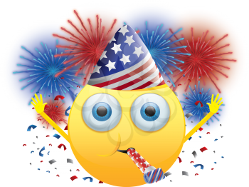 Royalty Free Clipart Image of a Happy Face in an American Party Hat With Noisemaker, Confetti and Fireworks