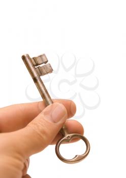 Hand and key isolated on white background